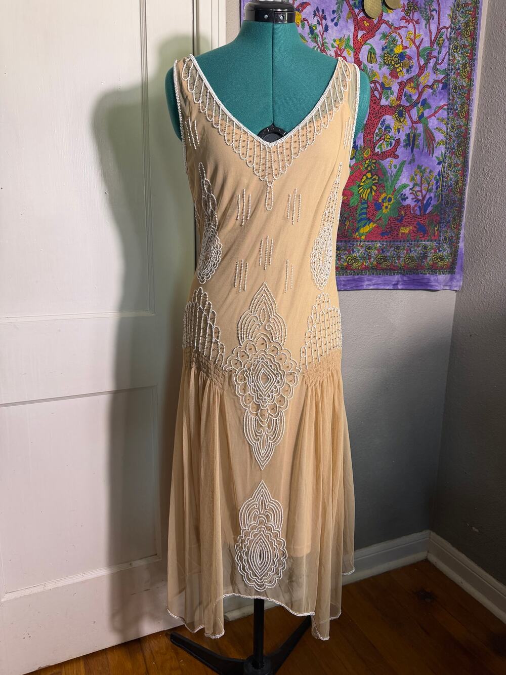 Together Beaded Midi Dress Nude Art Deco Gatsby 1920s Style Mesh Formal - Size 8